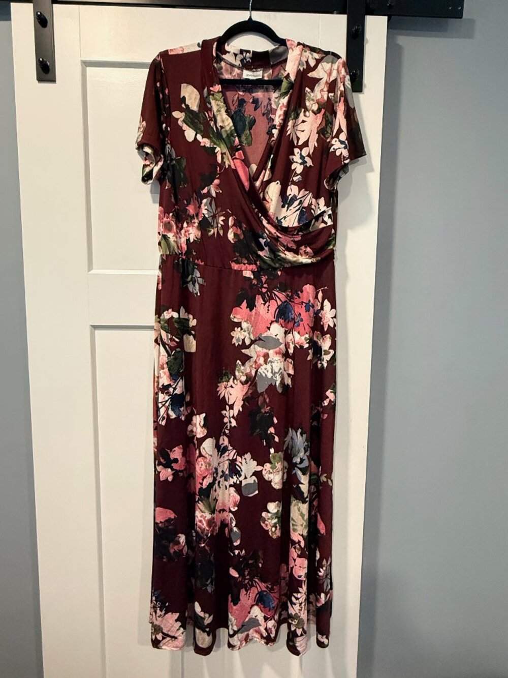 Avenue Burgundy Floral Print Short-Sleeve Crossover Bodice Dress